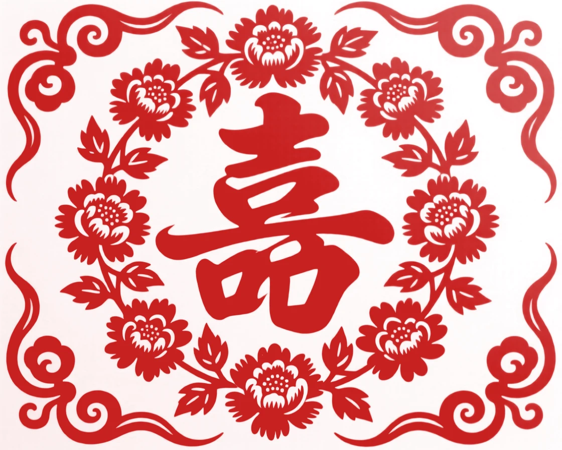 A peony wreath encircling a shou character, bordered by a repeating cloud pattern, an emblem of protection and quiet strength.