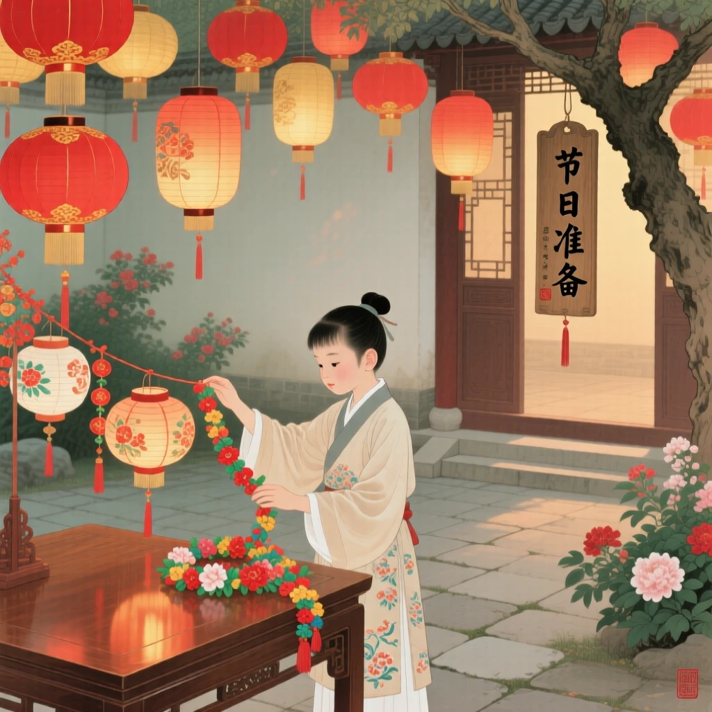 A young apprentice preparing for tomorrow's festival in a courtyard filled with lantern light