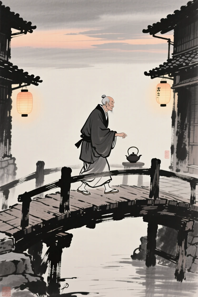 A tea master crossing an old wooden bridge at dusk along a lantern-lit street at dusk, composed with soft light falling across the scene, capturing an everyday moment full of gentle humanity.