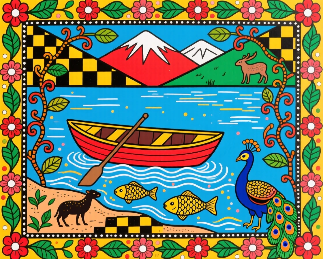 A rowboat resting on the shore of a still alpine lake.