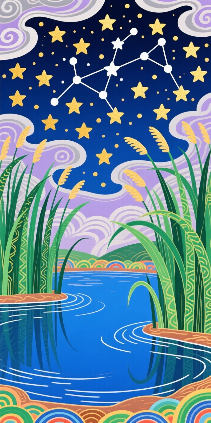 A sweeping view of a quiet pond ringed with reeds under a canopy of stars.