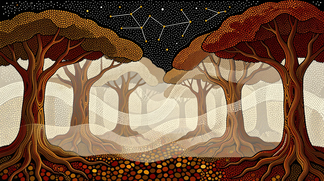 A fog-draped ancient forest beneath a starry night sky