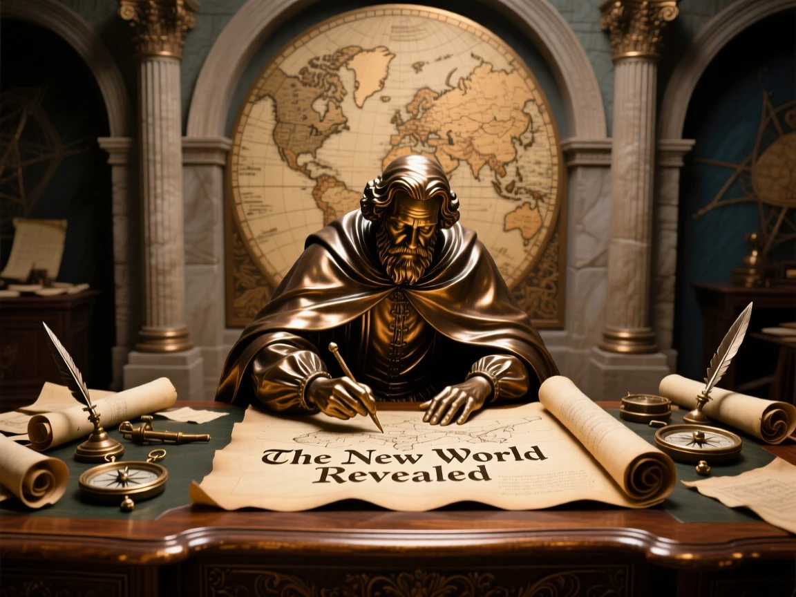 A legendary cartographer completing a map of a new world, framed by sweeping, monumental scale, evoking legend and timeless drama
