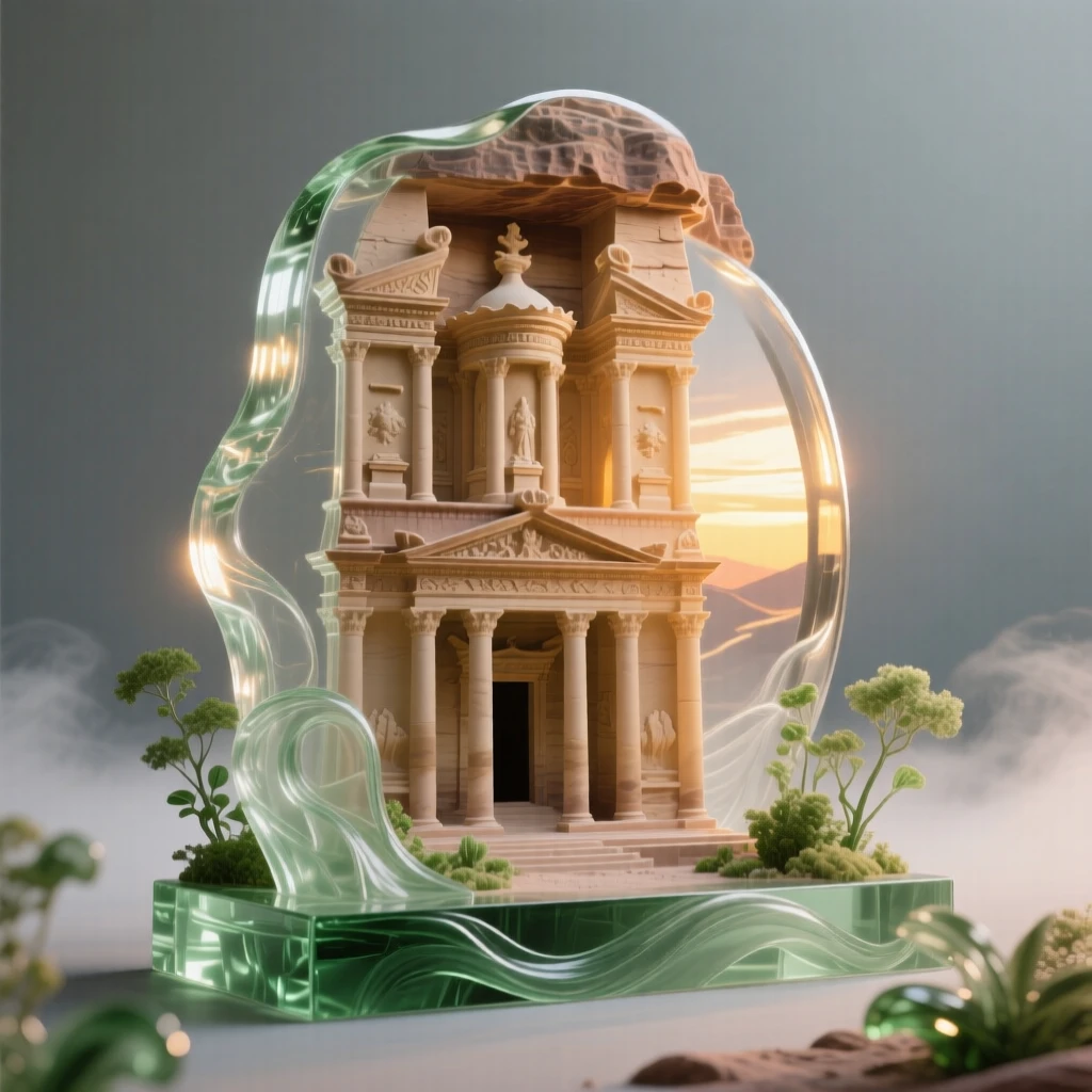 Petra's carved facade at sunrise surrounded by lush greenery and soft morning mist, wide establishing composition, feeling serene and majestic.