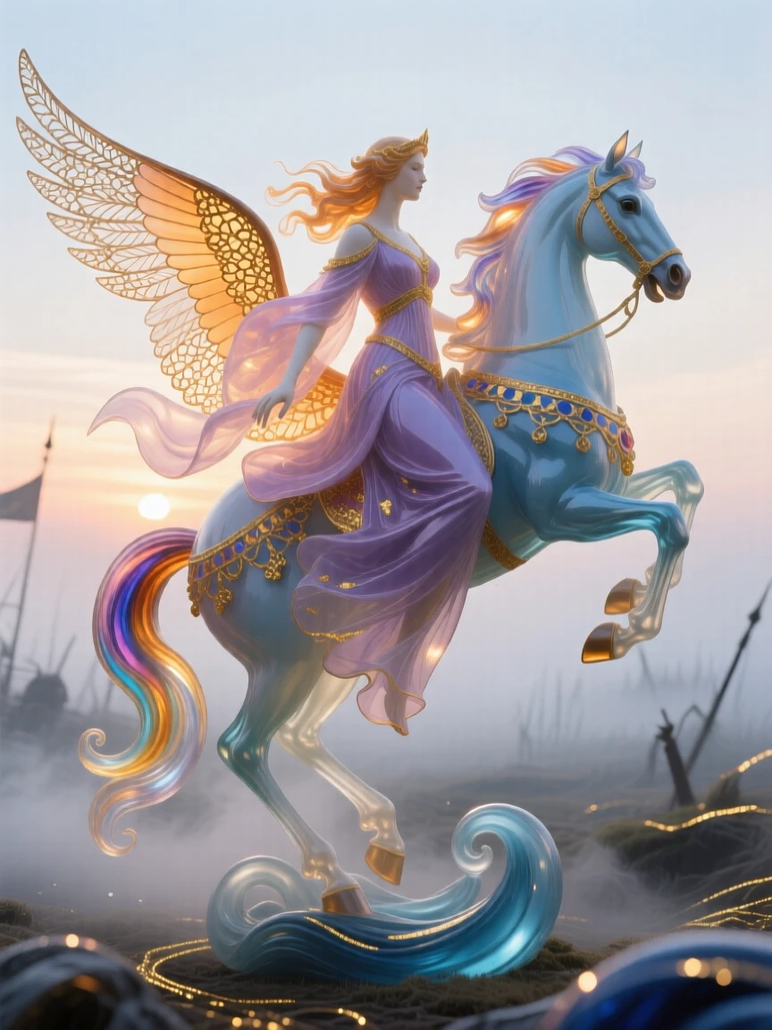 A valkyrie descending on winged horseback over a misty battlefield at dawn, noble and dramatic.