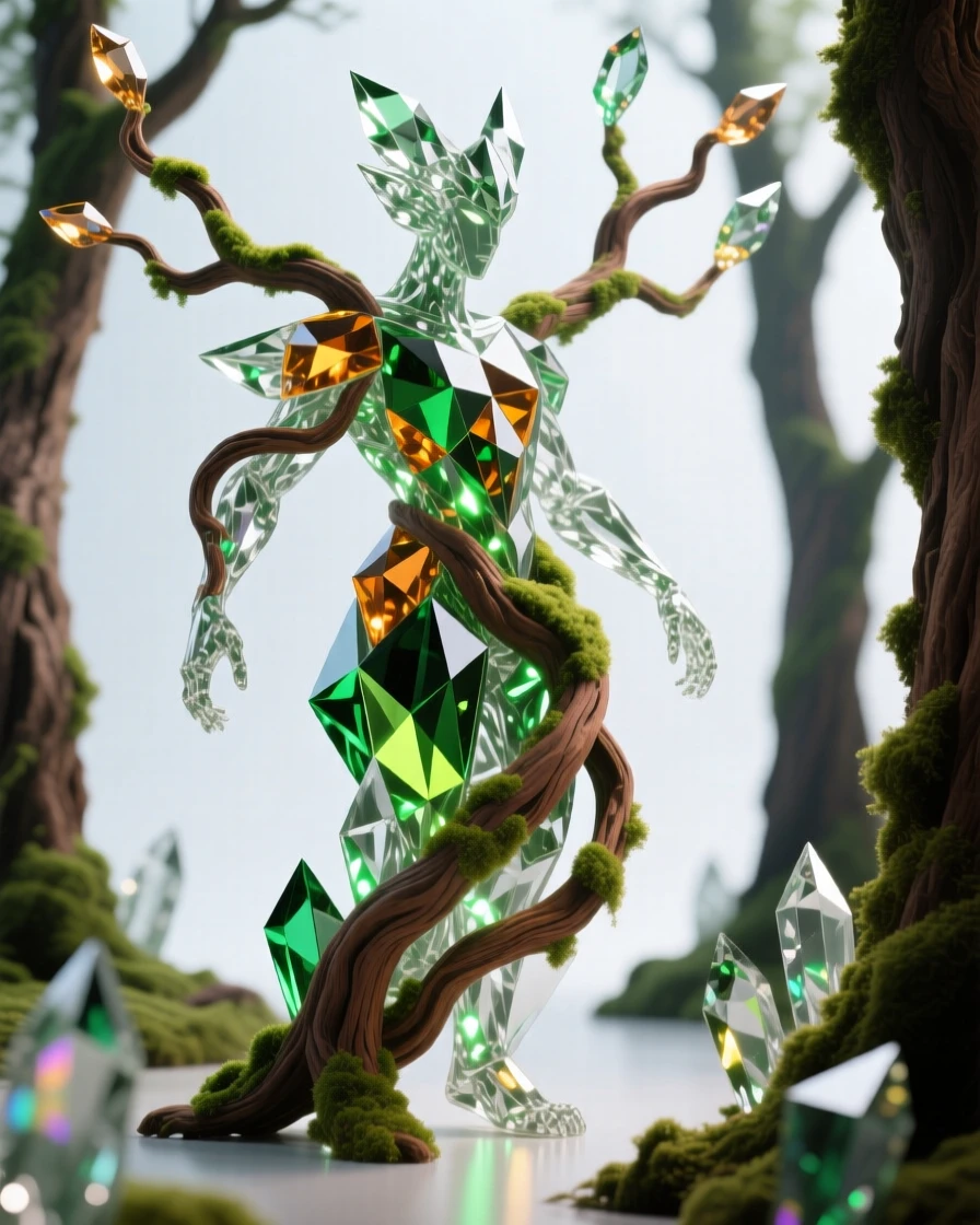 A forest spirit made of intertwined branches and glowing moss standing among ancient trees.
