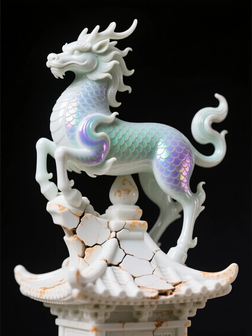 A majestic kirin perched atop a crumbling temple spire, scales shimmering with iridescent color.
