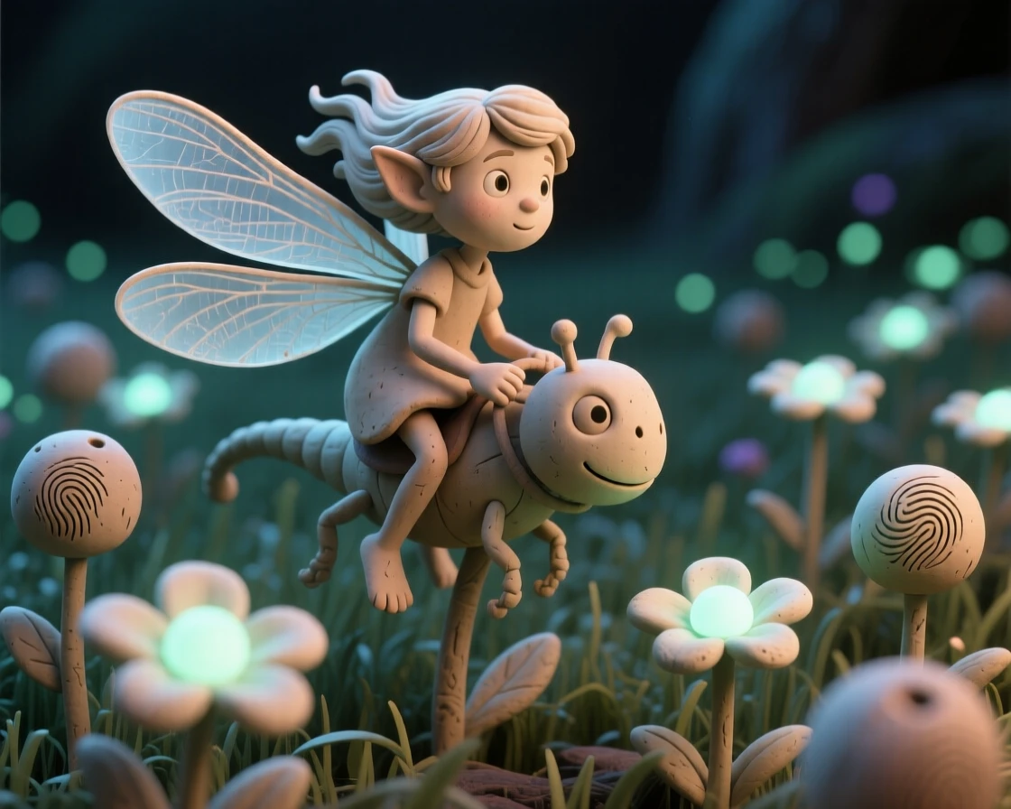 A pixie riding a dragonfly through a field of luminescent flowers