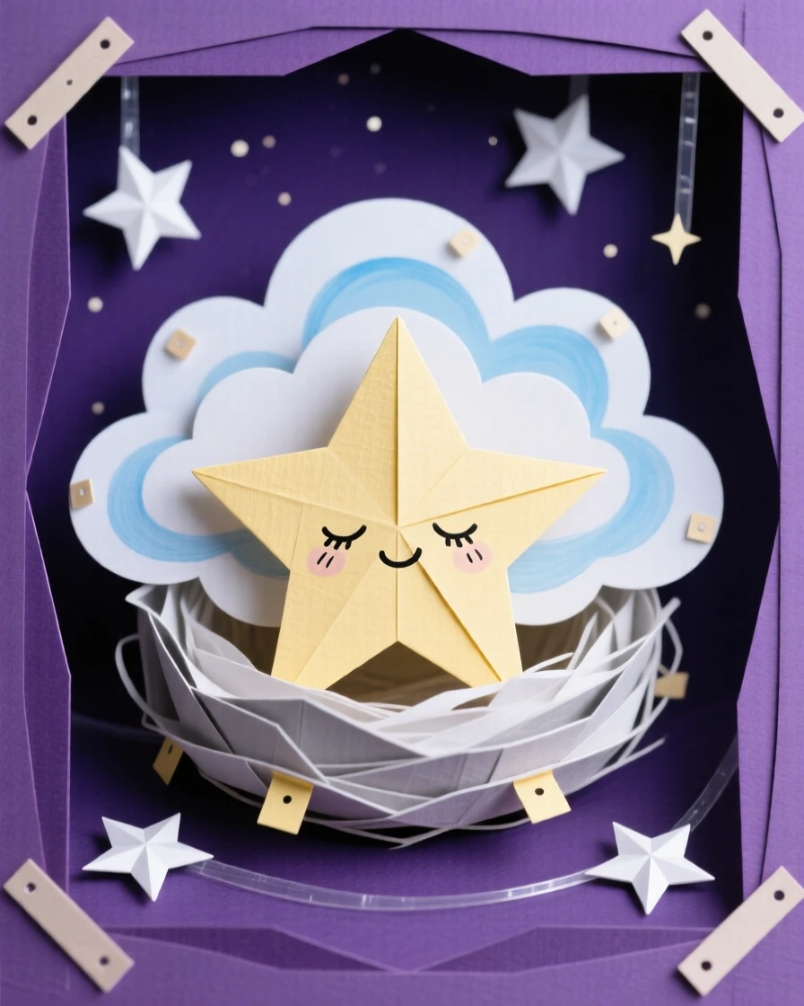 A tiny star-shaped creature with a sleepy expression nestled in a nest made of clouds, twinkling softly against a deep purple night sky, evoking celestial charm.