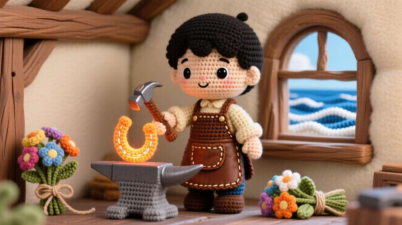 A charming scene of a young blacksmith apprentice with a leather apron and rolled sleeves, hammering a glowing horseshoe inside a seaside cottage with a view of the waves; a bundle of fresh flowers tied with twine adds to the moment, full of quiet contentment in simple daily work.