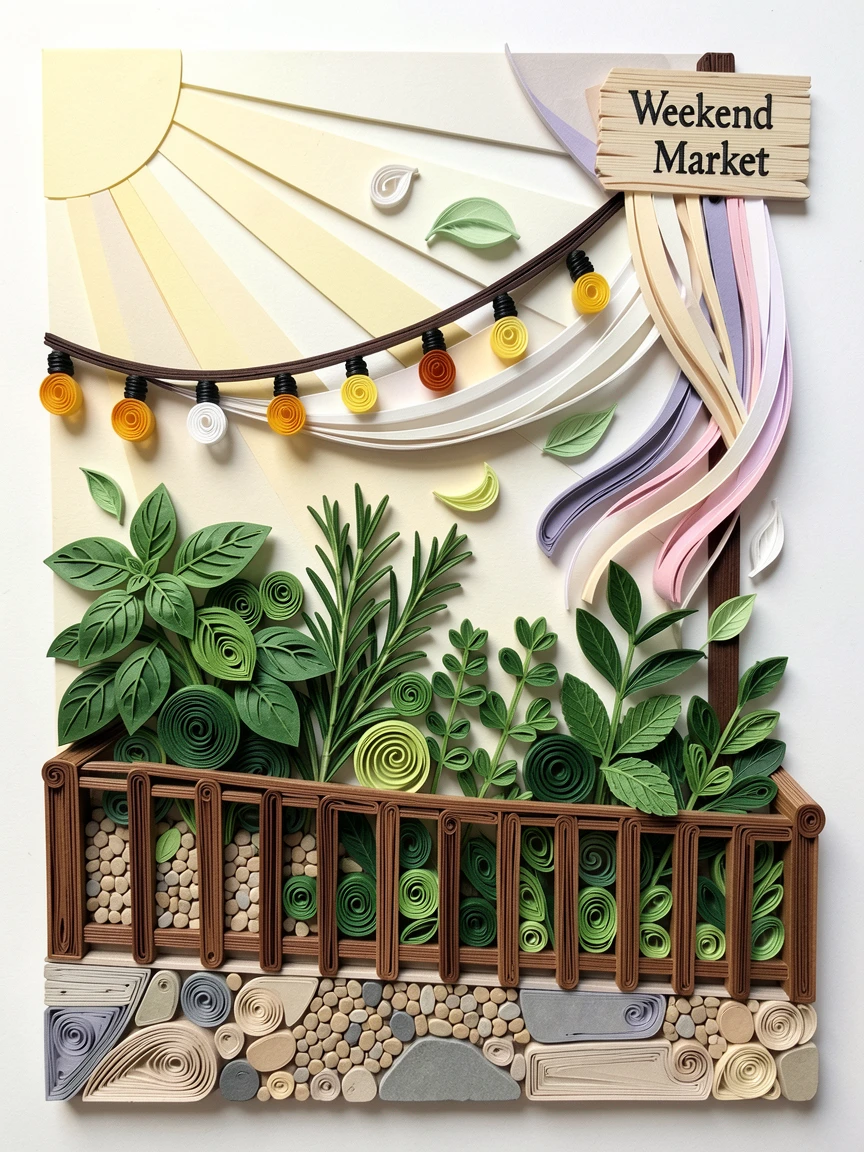 a rooftop garden filled with herbs and string lights, at an outdoor weekend farmers market, composed with soft morning light and long shadows, with a light breeze catching loose fabric or leaves.