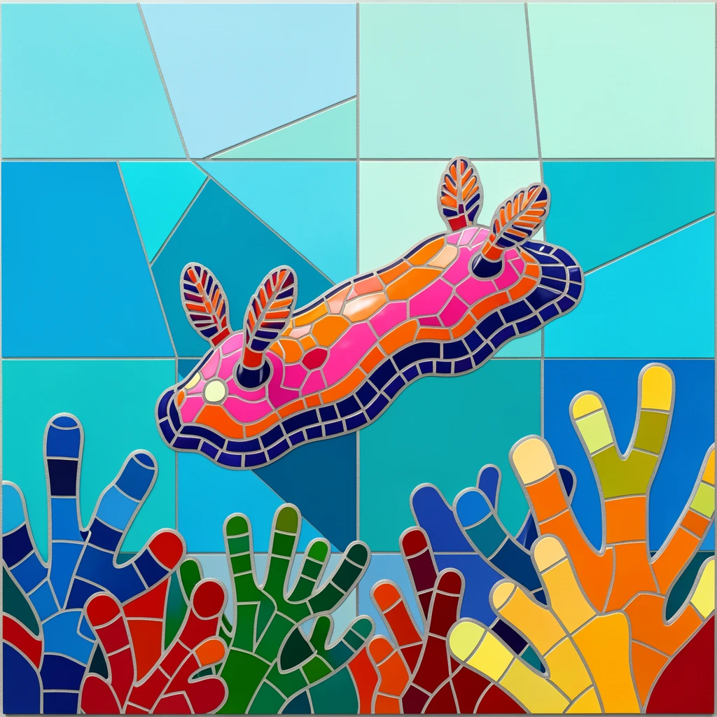 A vibrant nudibranch crawling across a colorful coral reef.