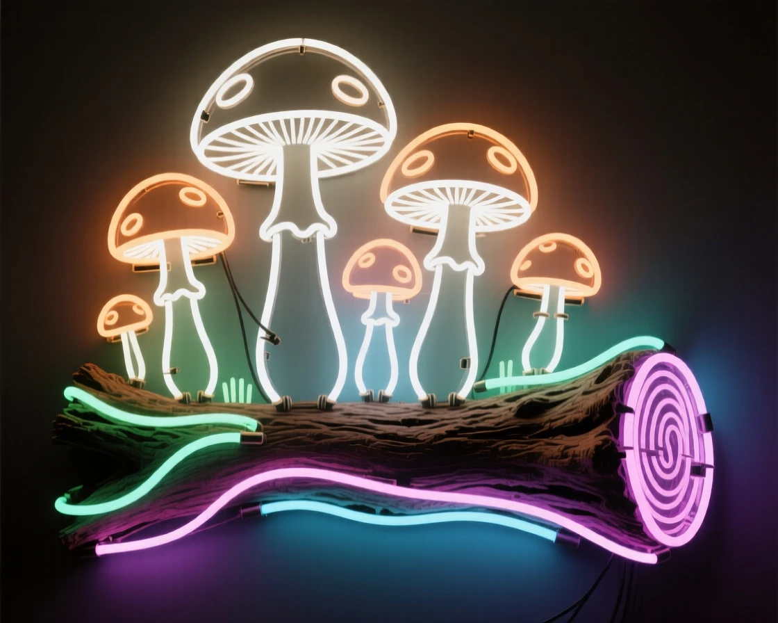 A cluster of mushrooms growing on a fallen log.