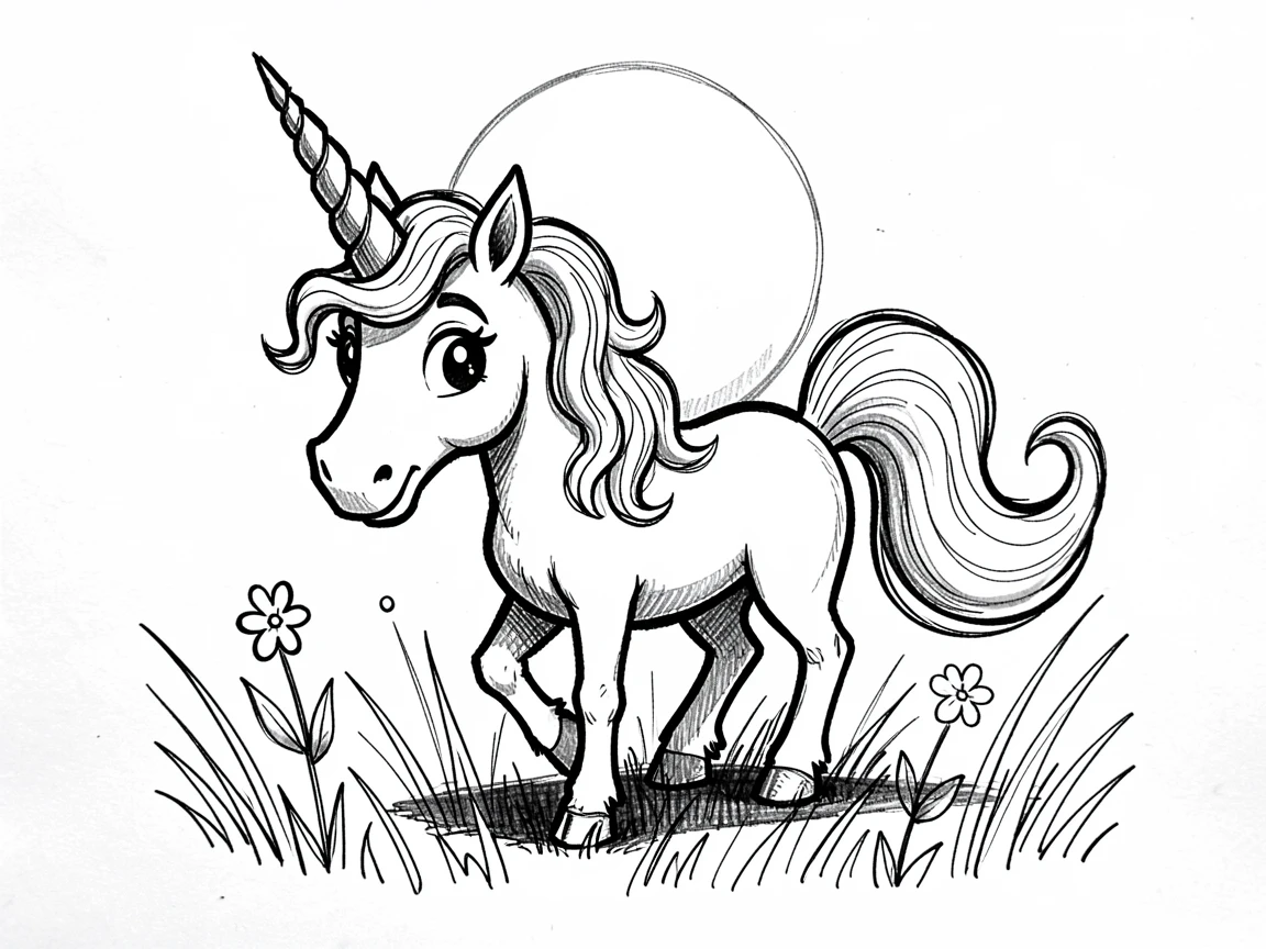 A unicorn with a flowing mane in a moonlit meadow.