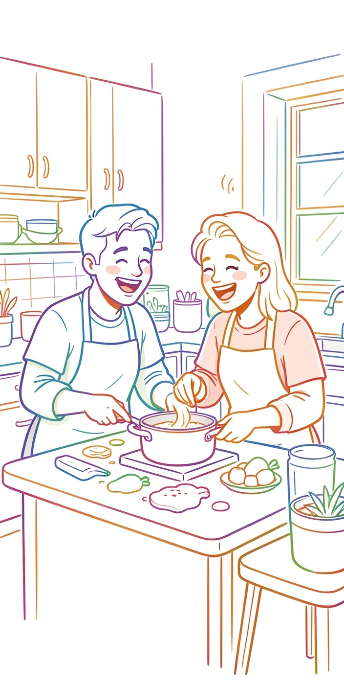 A couple cooking dinner together in a small kitchen, laughing over a spilled ingredient.