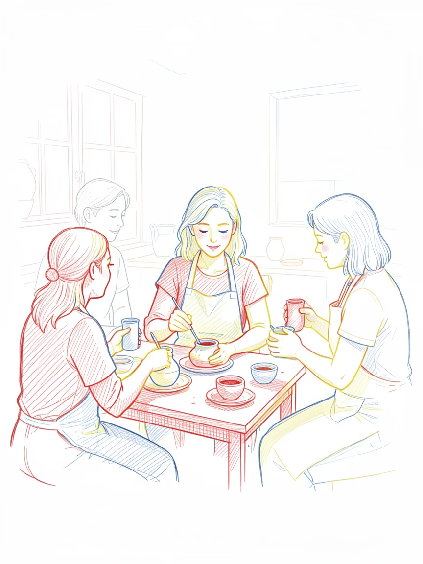 A woman practicing pottery painting alongside friends at a small studio