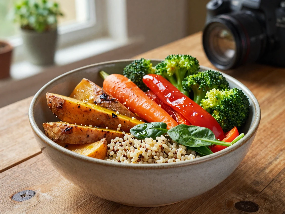 A vibrant Buddha bowl filled with roasted vegetables