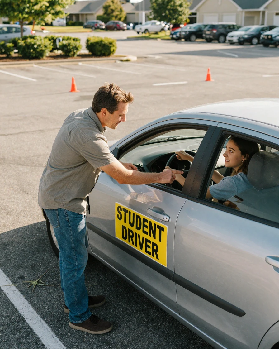 A father coaches his daughter through her first driving lesson in an empty parking lot.