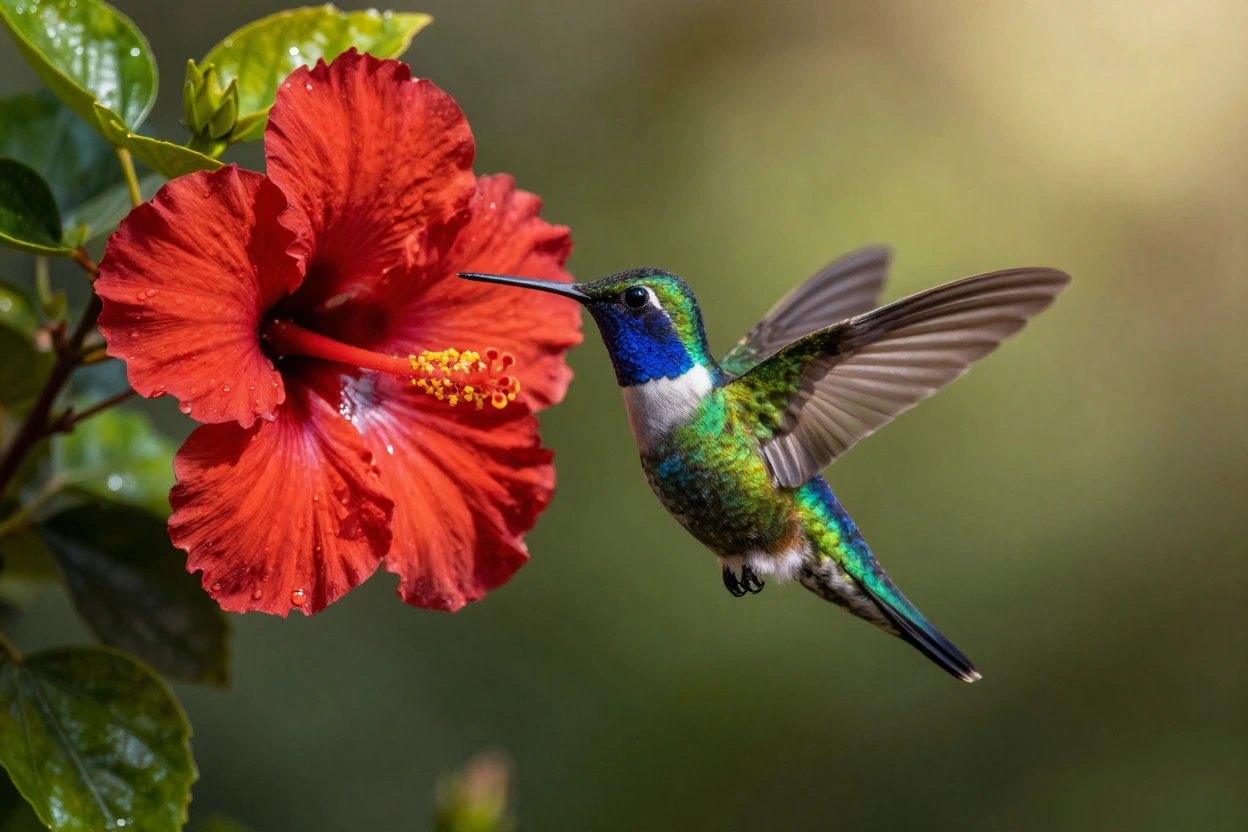 A hummingbird hovering beside a bright red hibiscus flower in a tropical garden