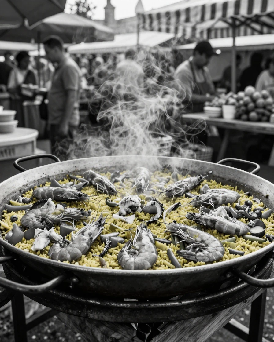 A pot of paella steams fragrantly in a wide pan at an outdoor summer market.