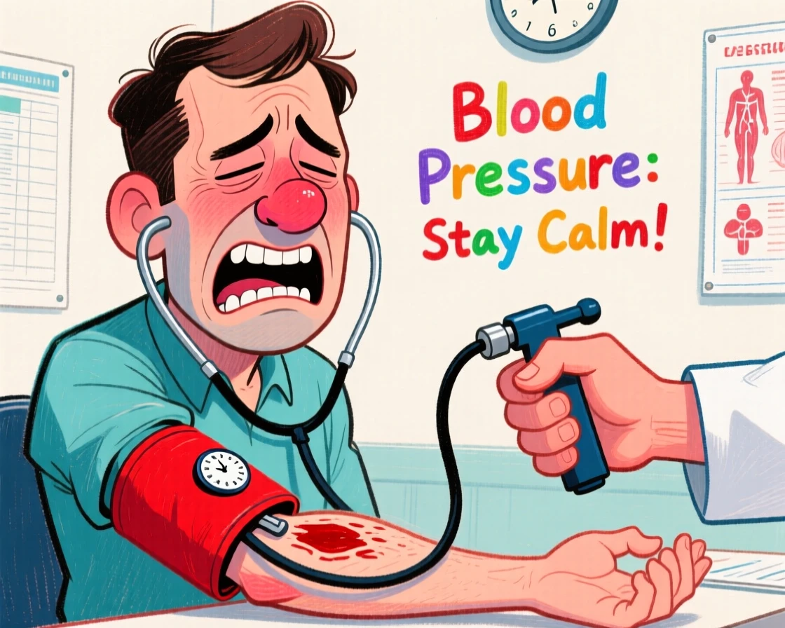 A man wincing while getting his blood pressure checked at the doctor.