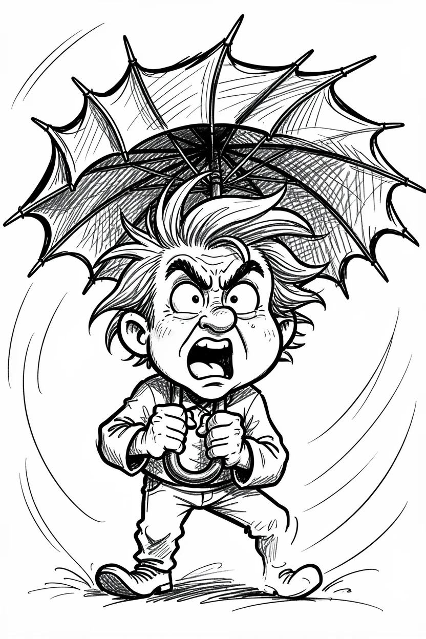 [Funny & Exaggerated Situations] Comical scene of a person struggling comically with an umbrella turned inside out by wind, exaggerated for maximum laughs