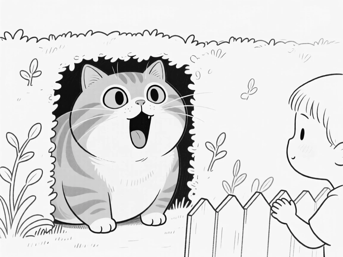 A chubby orange tabby cat mid-yawn, peeking out with only its eyes visible, set under a garden hedge. A curious child watches from just out of frame. It's an irresistibly charming slice of animal personality.