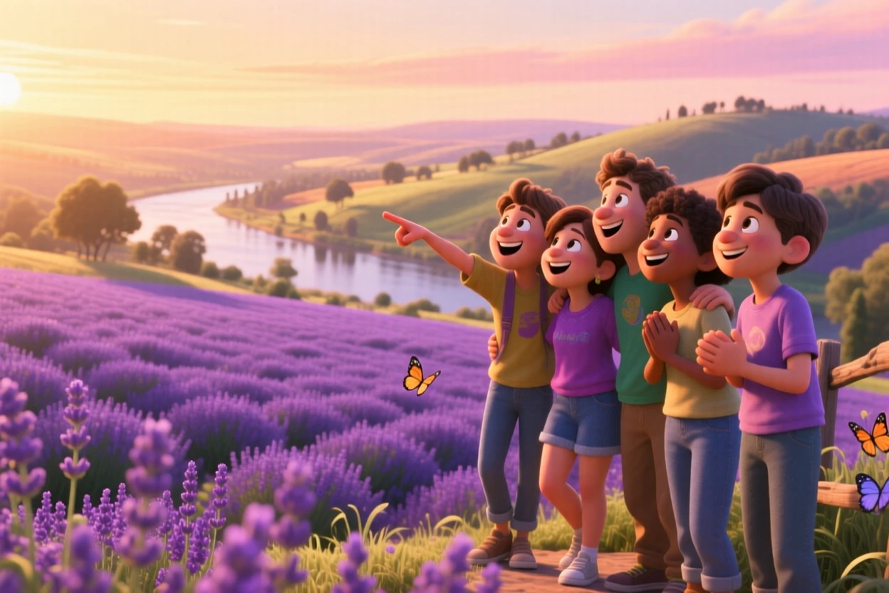 A group of friends laughing together stands beside a field of lavender stretching to the horizon, taking in the sweeping view below. The mood is adventurous, peaceful, and awe-inspiring, with warm golden light washing over everything.