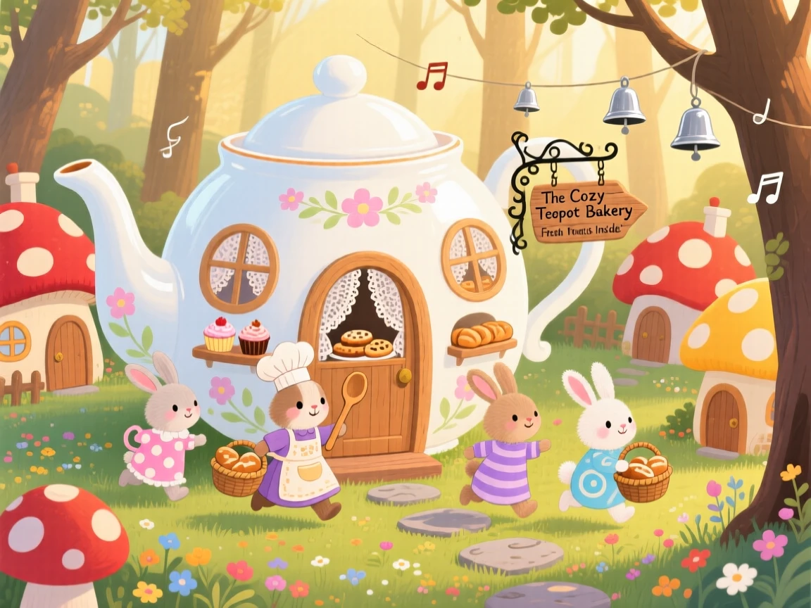 A family of teacup rabbits delights in running a bakery inside a giant teapot, tucked within a neighborhood of mushroom-cap houses, while soft chimes ring from unseen bells.