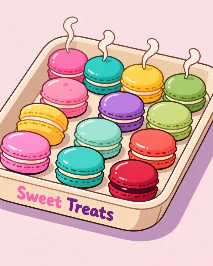A tray of colorful macarons arranged in neat rows.
