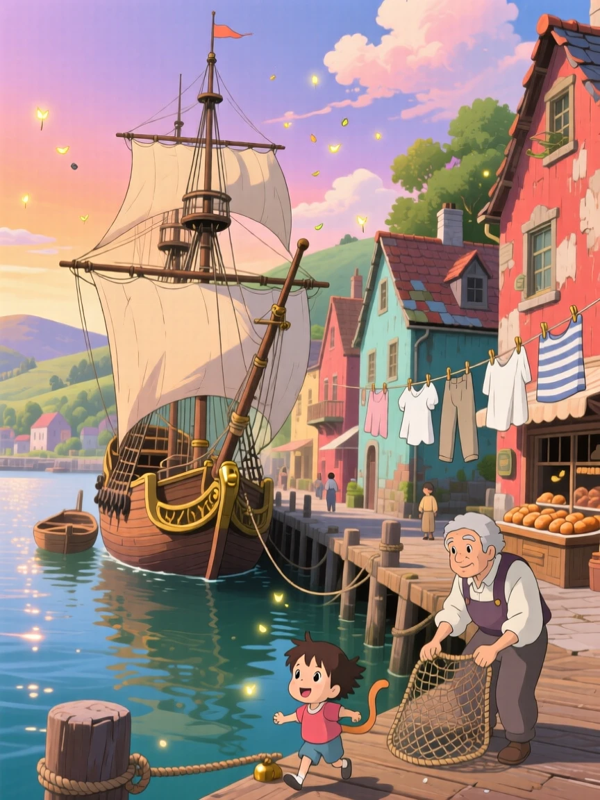 A scenic view of a historic harbor town with tall ships docked at the pier, with laundry strung between colorful buildings.