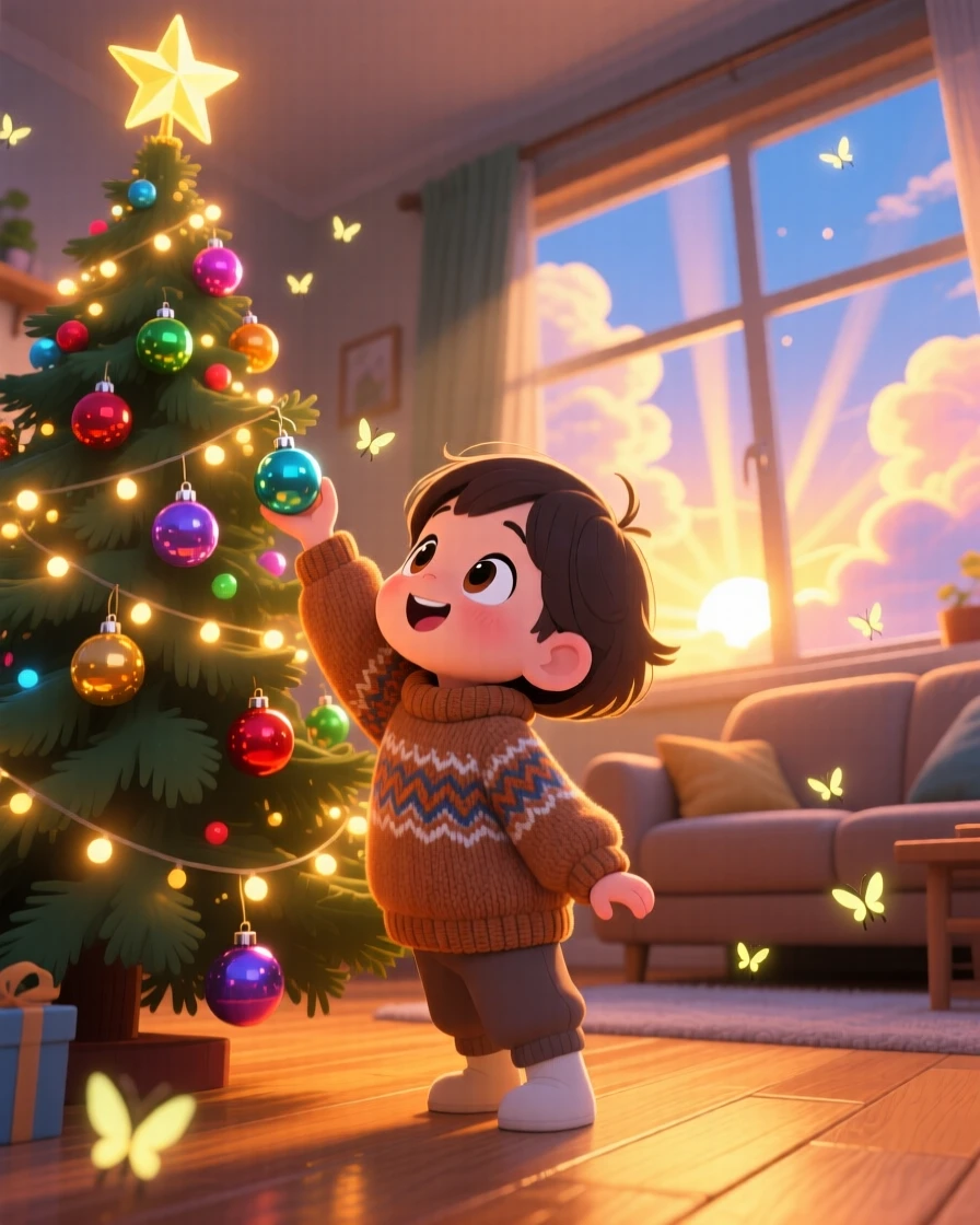 A small child in a knitted sweater hanging ornaments on a glowing Christmas tree in a warmly lit living room as fireflies begin to glow at dusk; rays of sunrise breaking through clouds washes over the scene as brave confidence fills the moment. Low-angle shot looking up.