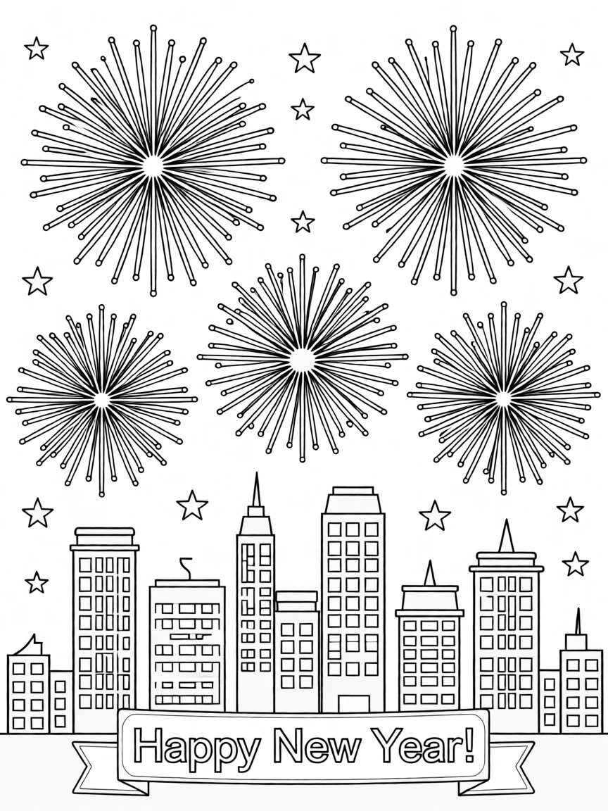 A New Year's Eve fireworks display over a city skyline