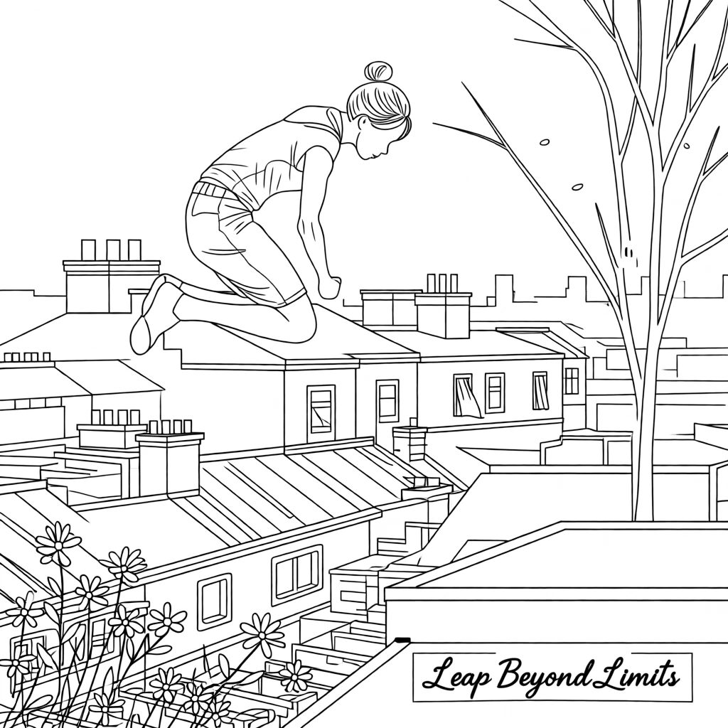A parkour athlete vaulting between city rooftops, with wildflowers scattered along the trail.