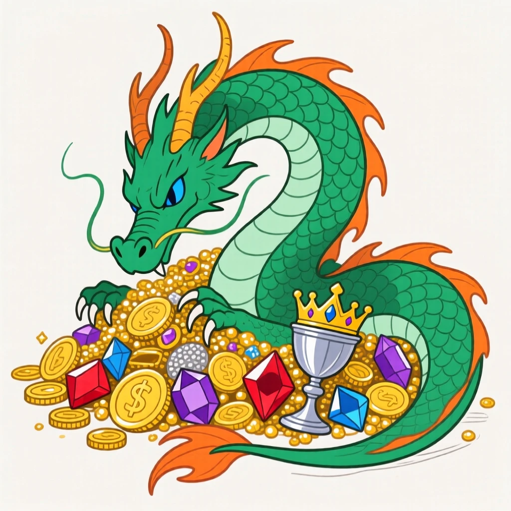 A dragon curled protectively around a pile of glittering treasure.
