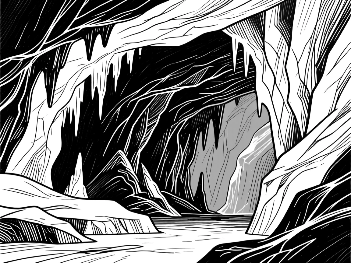 A dramatic ice cave with blue light filtering through the frozen walls.