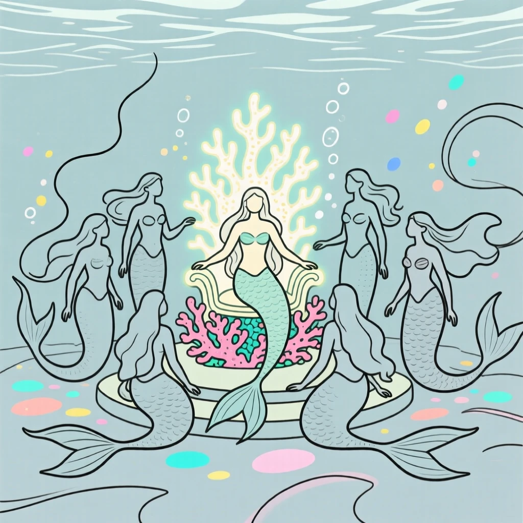 A group of merfolk gathered around a glowing underwater coral throne.