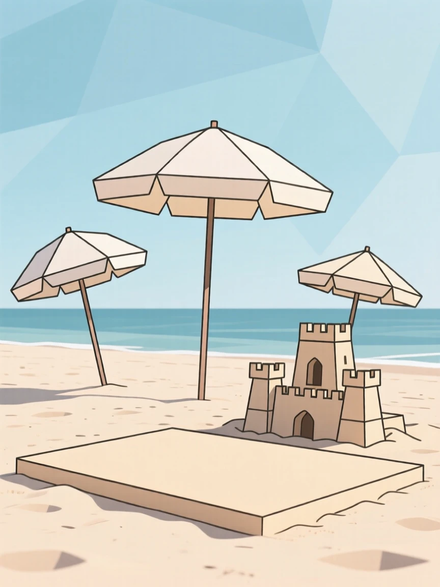 A summer beach scene with umbrellas and sandcastles
