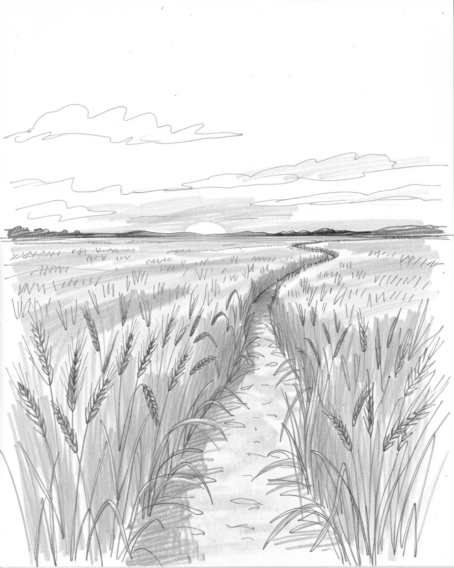 Sweeping landscape of a golden wheat field at sunset bathed in the warm glow of sunrise, with a narrow path leading into the distance.