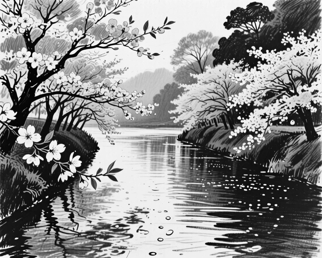 A cherry blossom-lined river as morning dew glistens on every surface.