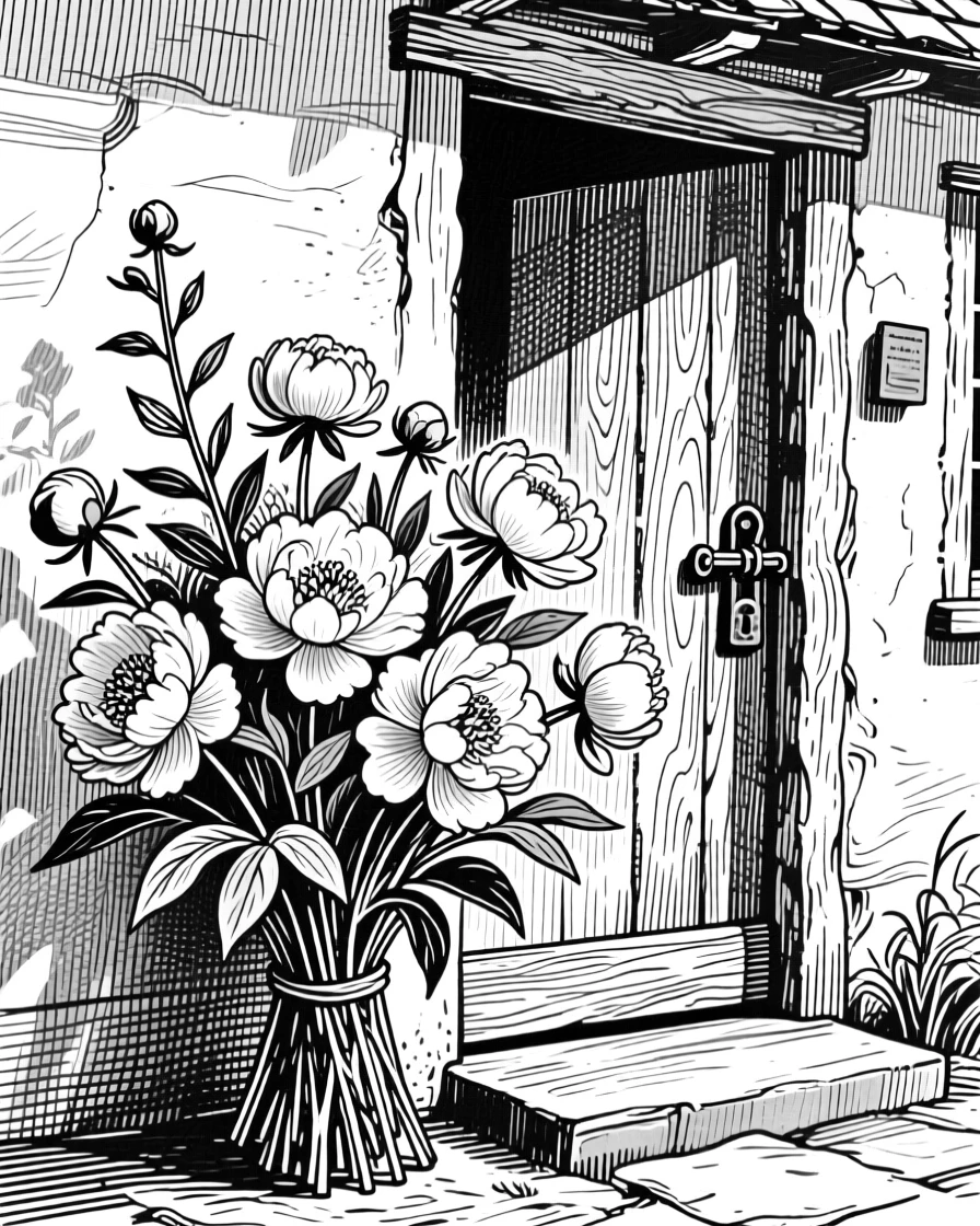 A bouquet of wild peonies blooming beside a cottage doorway, with the texture of each petal richly defined, composed in a gentle and fleeting still-life arrangement.
