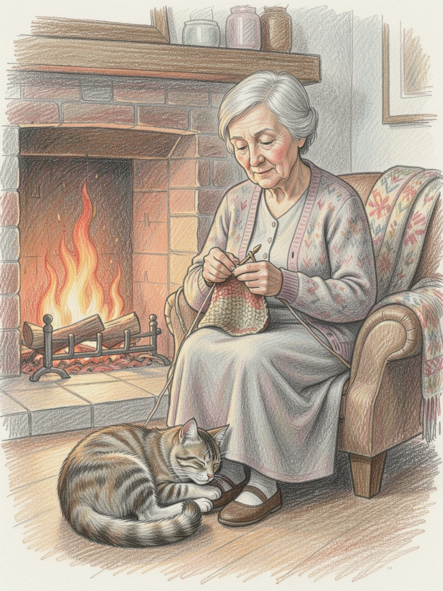 A grandmother knitting by the fireplace with a cat curled at her feet, with soft, natural lighting highlighting genuine emotion, evoking warmth, authenticity, and quiet human connection.