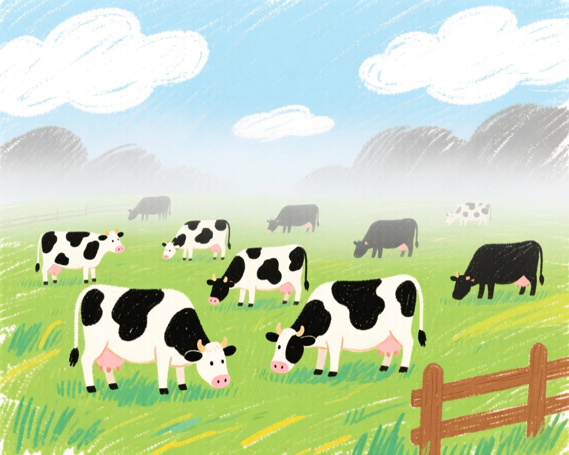 A herd of dairy cows grazing in a misty green pasture.