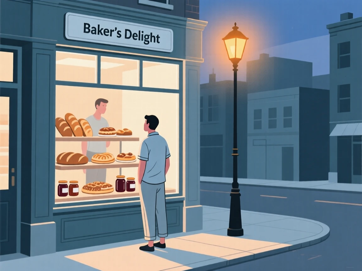 A street vendor window shopping on a quiet summer evening in the city.