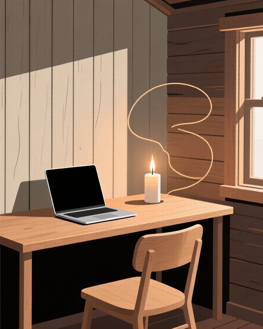A morning scene of home office corner resting in a cabin retreat beside a lit candle, radiating homey warmth.