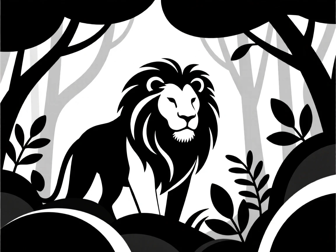 A majestic lion emerging from a dense forest.