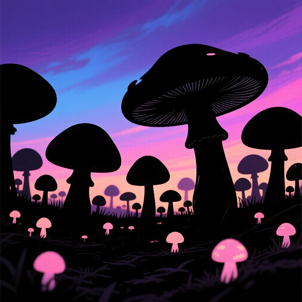A forest floor scattered with oversized glowing mushrooms at twilight.