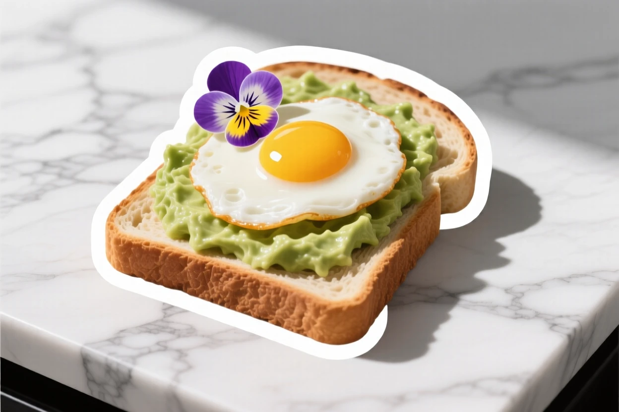 A mouthwatering slice of avocado toast with a fried egg, topped with a single edible flower, on a marble countertop with soft shadows.
