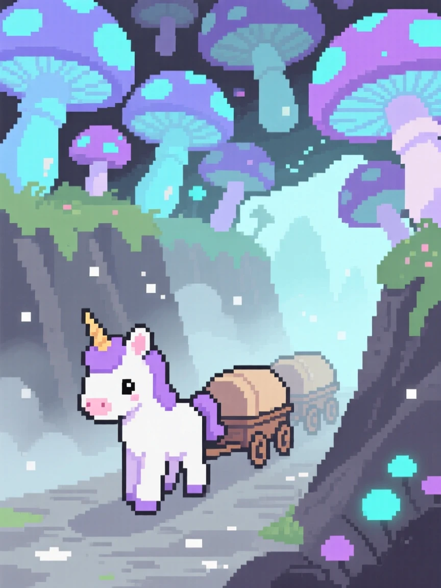 A shy unicorn foal leading a caravan through a misty pass, beneath a canopy of glowing mushrooms.