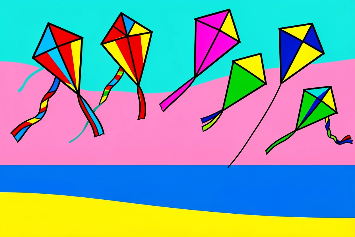 Colorful kites flying above a beach
